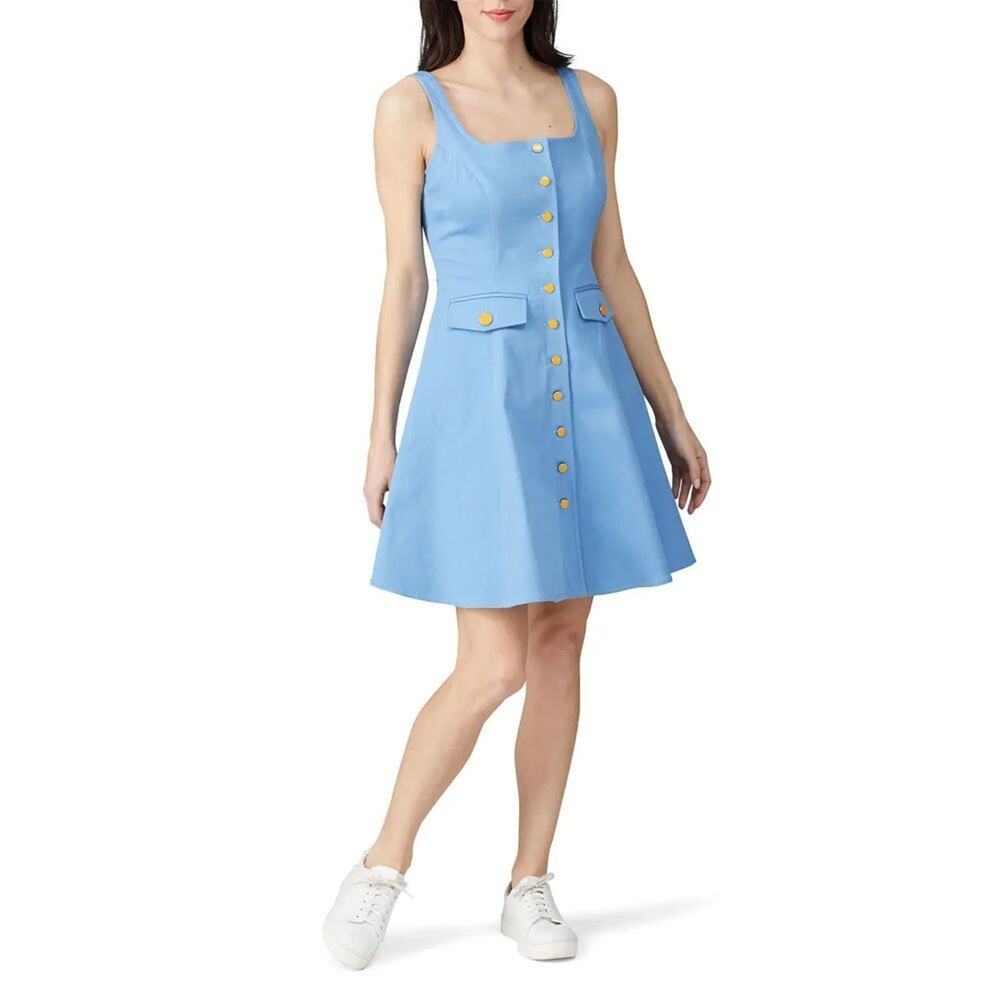 Blue Utility Mini Overall Yellow Button Dress skater, mini fit & flare US 6